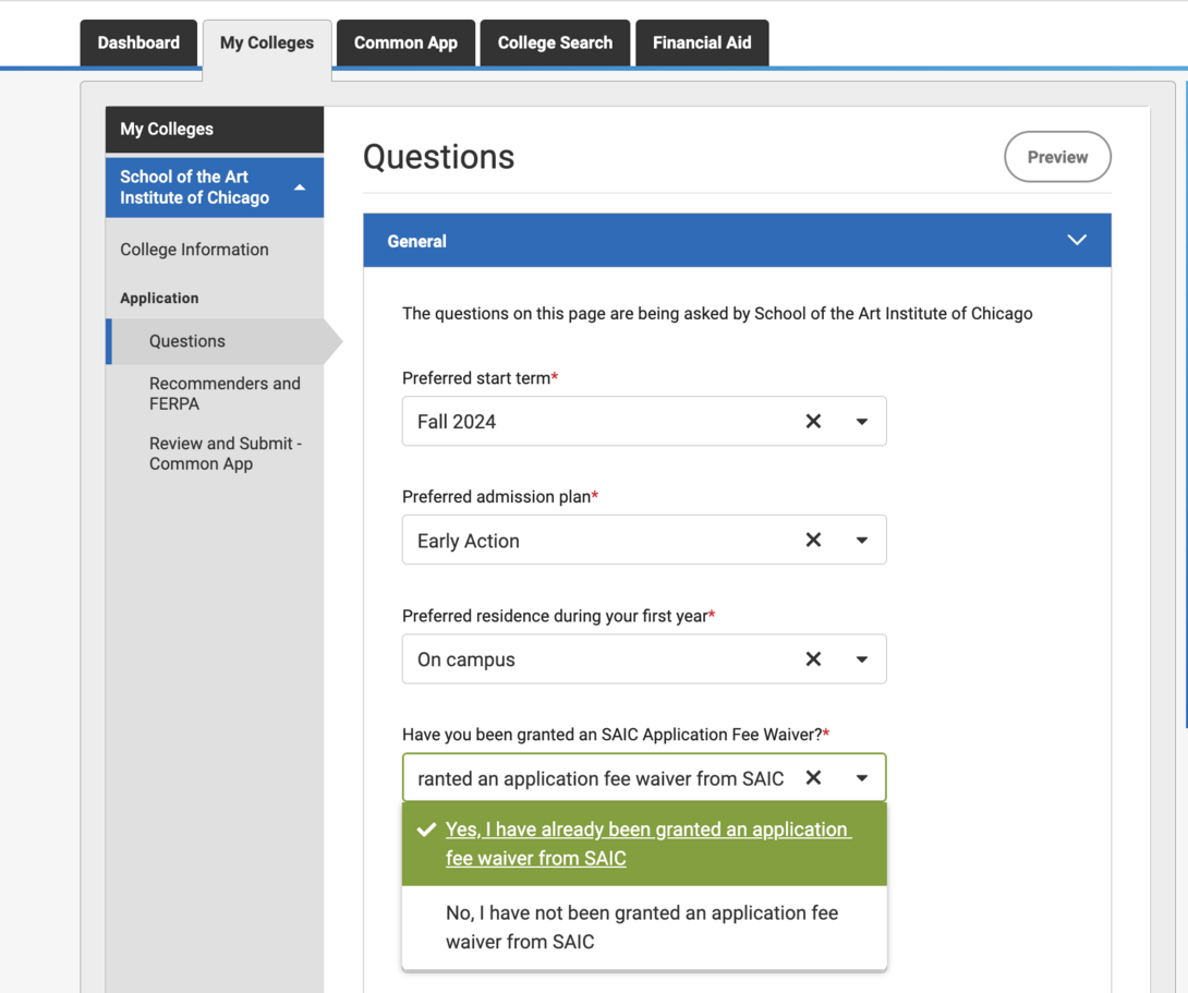 common app application fee waiver code